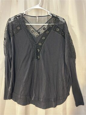 Free People Lola Long Sleeve Lace Trim V-Neck Top Washed Black XS